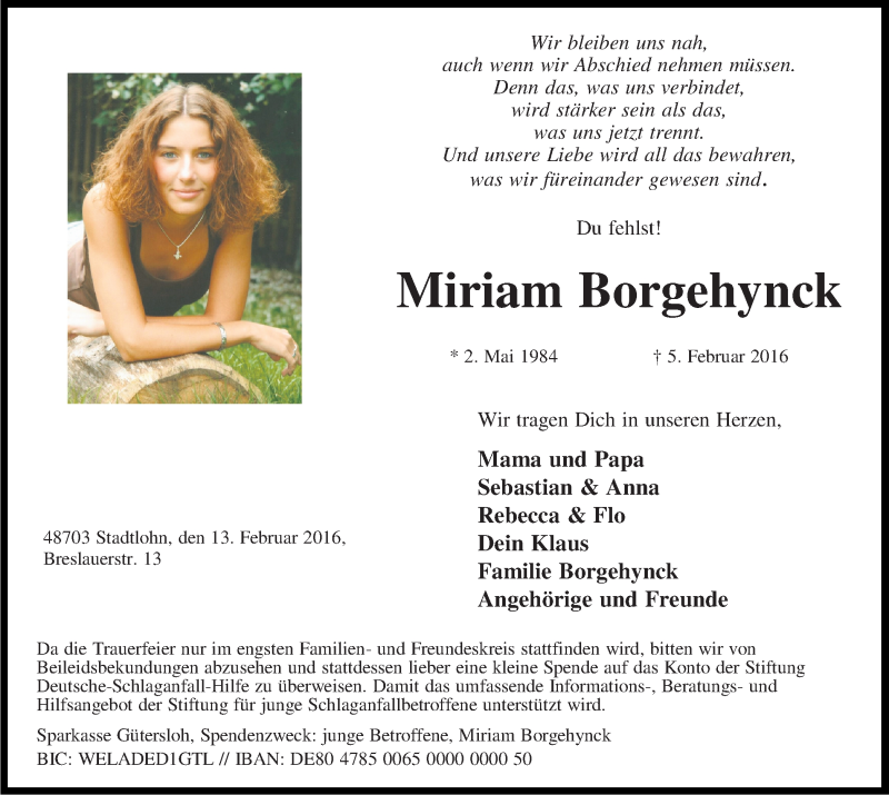  Traueranzeige für Miriam Borgehynck vom 13.02.2016 aus Münstersche Zeitung und Münsterland Zeitung