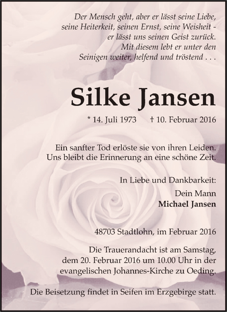  Traueranzeige für Silke Jansen vom 12.02.2016 aus Münstersche Zeitung und Münsterland Zeitung