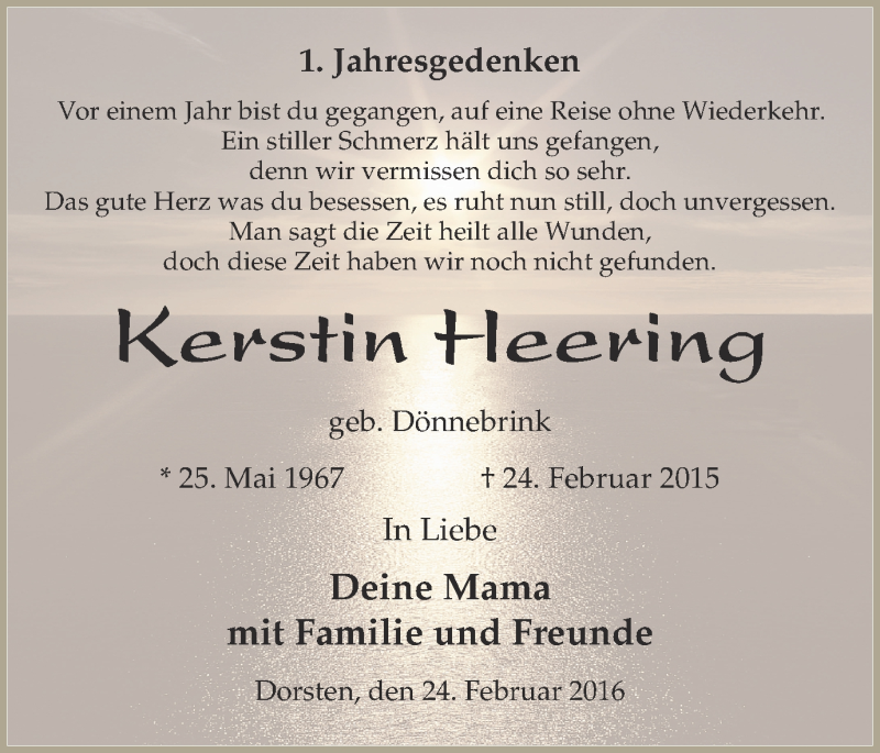 Traueranzeige für Kerstin Heering vom 24.02.2016 aus Ruhr Nachrichten und Dorstener Zeitung
