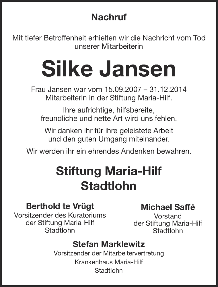  Traueranzeige für Silke Jansen vom 13.02.2016 aus Münstersche Zeitung und Münsterland Zeitung