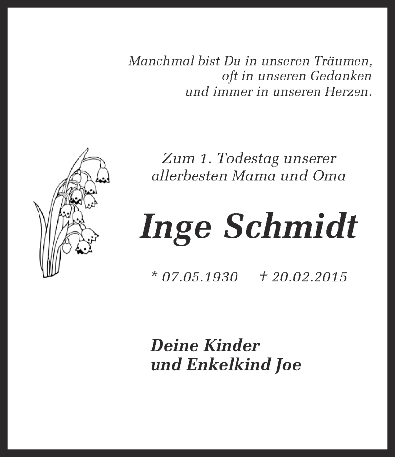  Traueranzeige für Inge Schmidt vom 20.02.2016 aus Ruhr Nachrichten