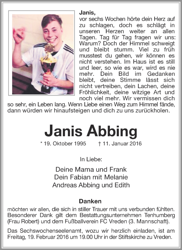  Traueranzeige für Janis Abbing vom 17.02.2016 aus Münstersche Zeitung und Münsterland Zeitung