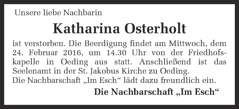  Traueranzeige für Katharina Osterholt vom 23.02.2016 aus Münstersche Zeitung und Münsterland Zeitung