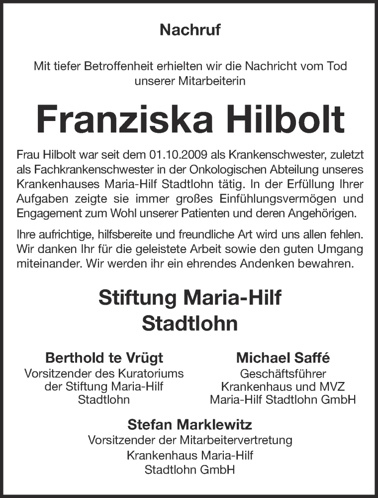  Traueranzeige für Franziska Hilbolt vom 18.02.2016 aus Münstersche Zeitung und Münsterland Zeitung