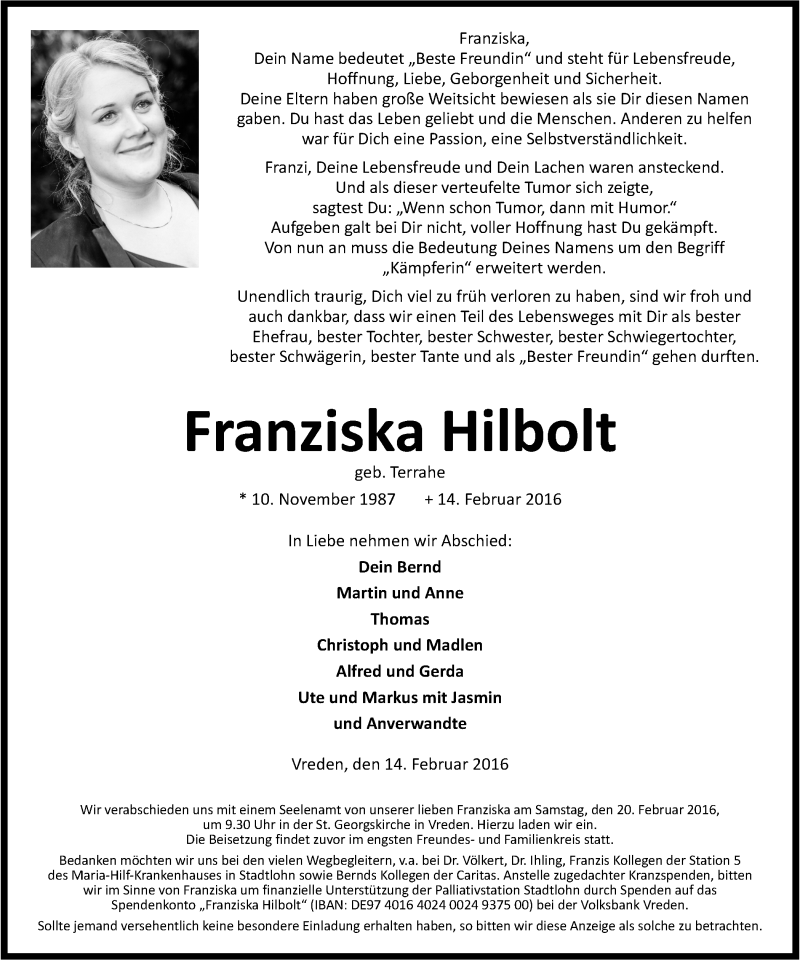  Traueranzeige für Franziska Hilbolt vom 16.02.2016 aus Münstersche Zeitung und Münsterland Zeitung