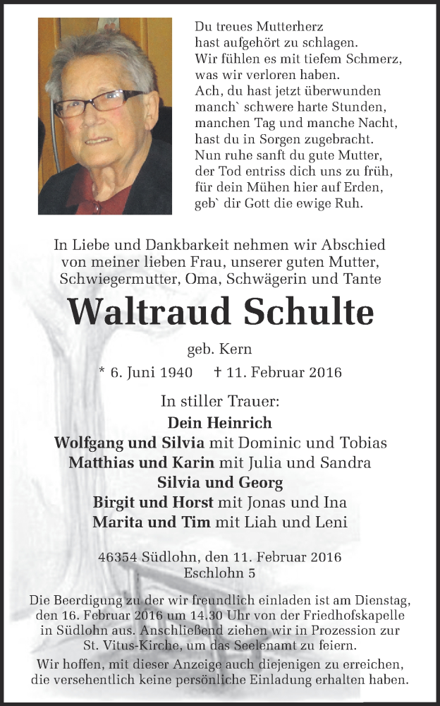  Traueranzeige für Waltraud Schulte vom 13.02.2016 aus Münstersche Zeitung und Münsterland Zeitung