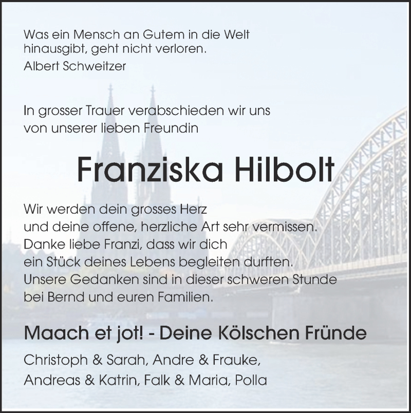  Traueranzeige für Franziska Hilbolt vom 17.02.2016 aus Münstersche Zeitung und Münsterland Zeitung