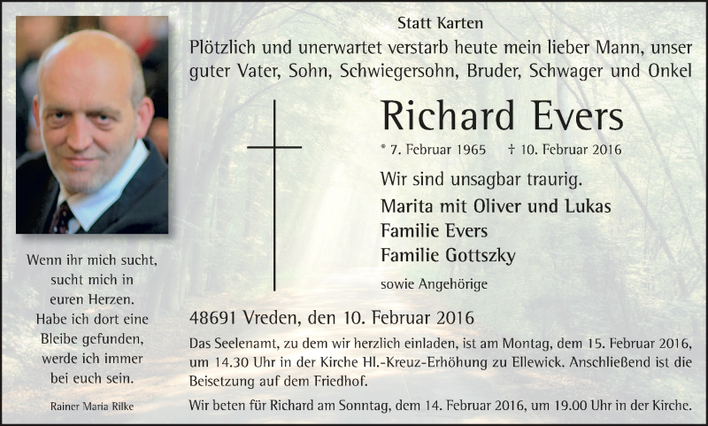  Traueranzeige für Richard Evers vom 13.02.2016 aus Münstersche Zeitung und Münsterland Zeitung