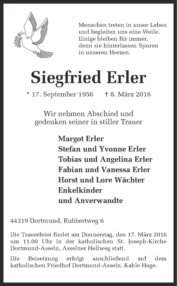 Traueranzeige für Siegfried Erler vom 12.03.2016 aus Ruhr Nachrichten