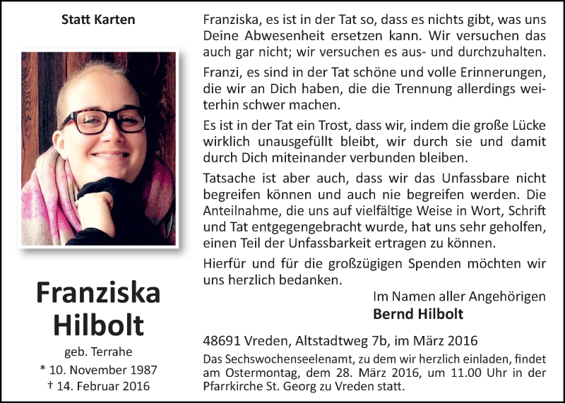  Traueranzeige für Franziska Hilbolt vom 24.03.2016 aus Münstersche Zeitung und Münsterland Zeitung