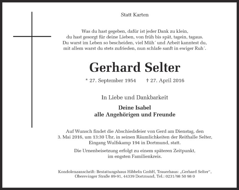  Traueranzeige für Gerhard Selter vom 30.04.2016 aus Ruhr Nachrichten