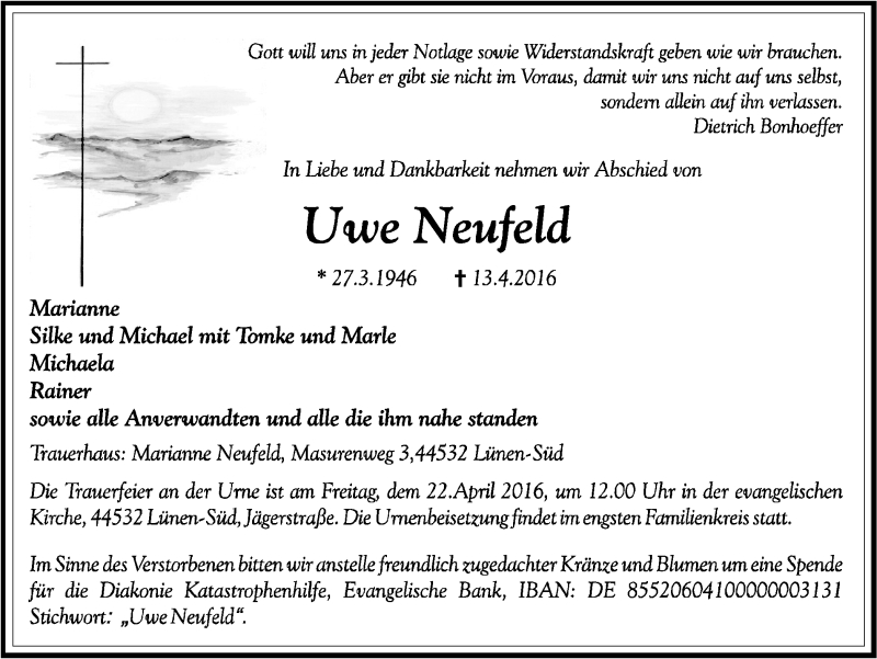  Traueranzeige für Uwe Neufeld vom 20.04.2016 aus Ruhr Nachrichten