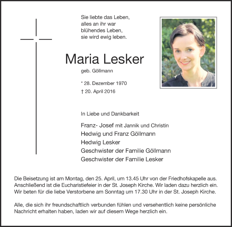  Traueranzeige für Maria Lesker vom 22.04.2016 aus Münstersche Zeitung und Münsterland Zeitung