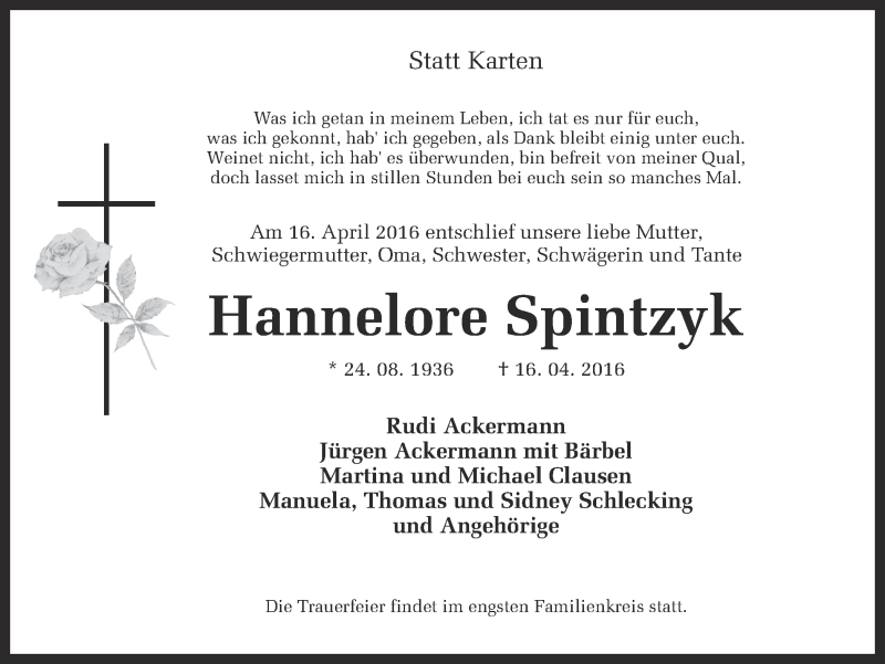  Traueranzeige für Hannelore Spintzyk vom 19.04.2016 aus Ruhr Nachrichten