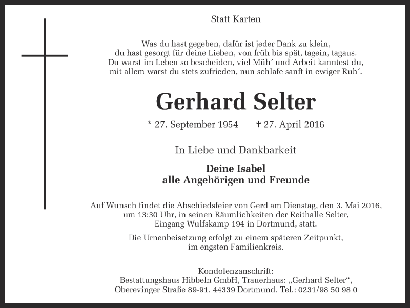  Traueranzeige für Gerhard Selter vom 30.04.2016 aus Ruhr Nachrichten
