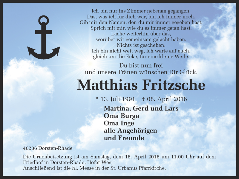  Traueranzeige für Matthias Fritzsche vom 13.04.2016 aus Ruhr Nachrichten und Dorstener Zeitung