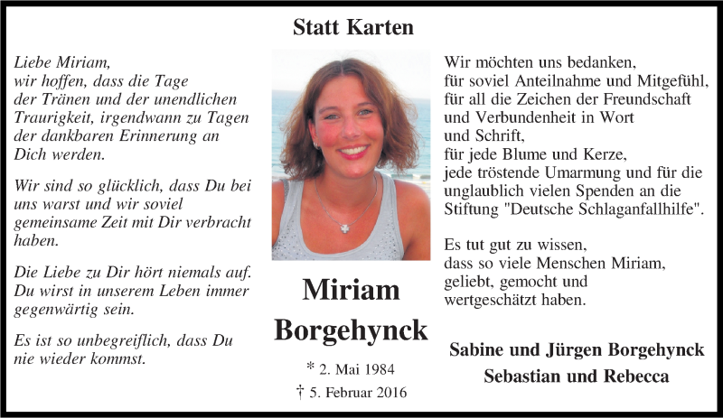  Traueranzeige für Miriam Borgehynck vom 20.04.2016 aus Münstersche Zeitung und Münsterland Zeitung