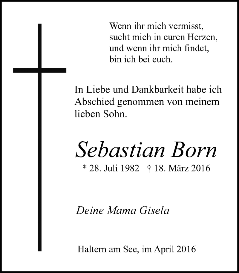  Traueranzeige für Sebastian Born vom 01.04.2016 aus Ruhr Nachrichten und Halterner Zeitung
