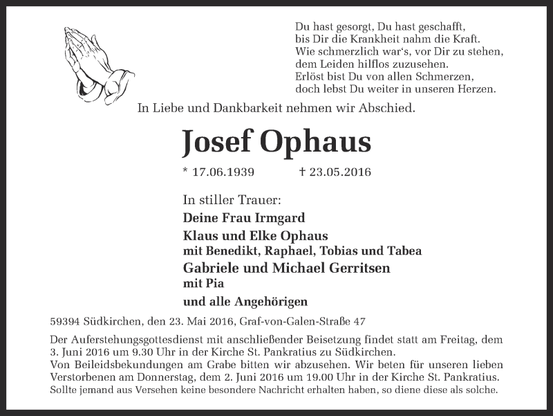  Traueranzeige für Josef Ophaus vom 28.05.2016 aus Ruhr Nachrichten und Halterner Zeitung