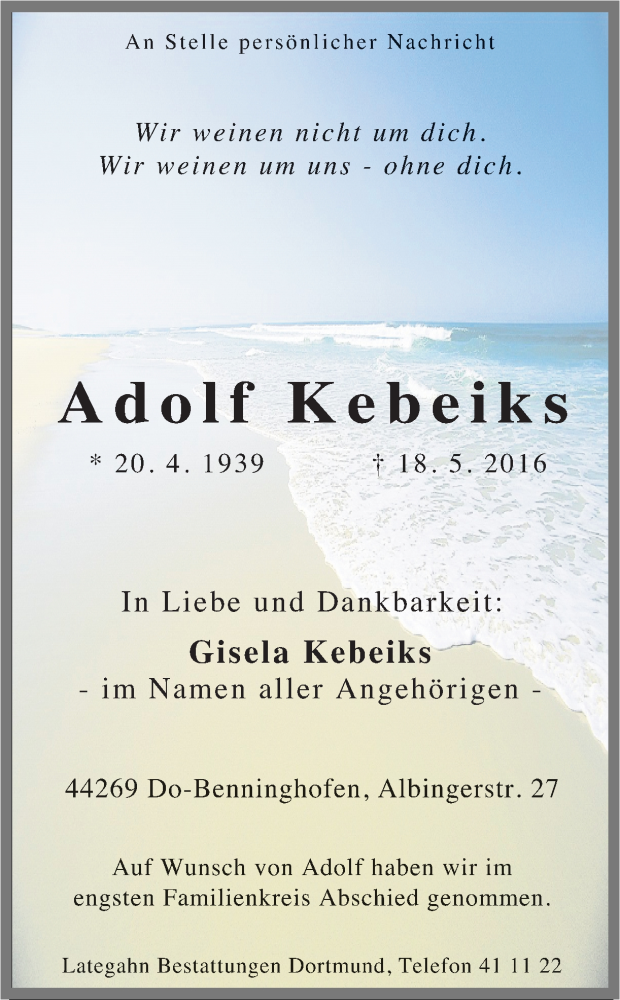  Traueranzeige für Adolf Kebeiks vom 28.05.2016 aus Ruhr Nachrichten