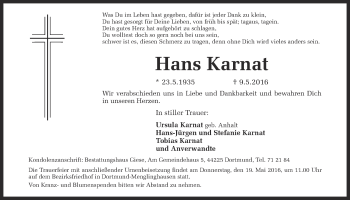 Traueranzeige von Hans Karnat von Ruhr Nachrichten