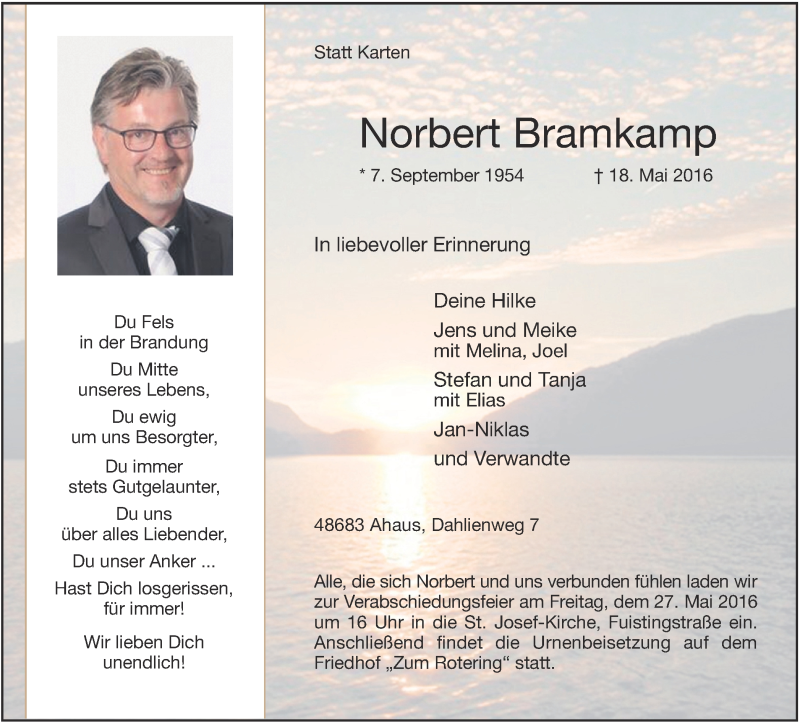  Traueranzeige für Norbert Bramkamp vom 24.05.2016 aus Münstersche Zeitung und Münsterland Zeitung