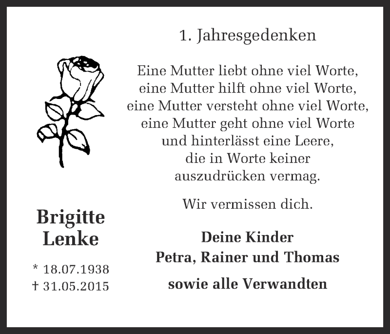  Traueranzeige für Brigitte Lenke vom 31.05.2016 aus Ruhr Nachrichten