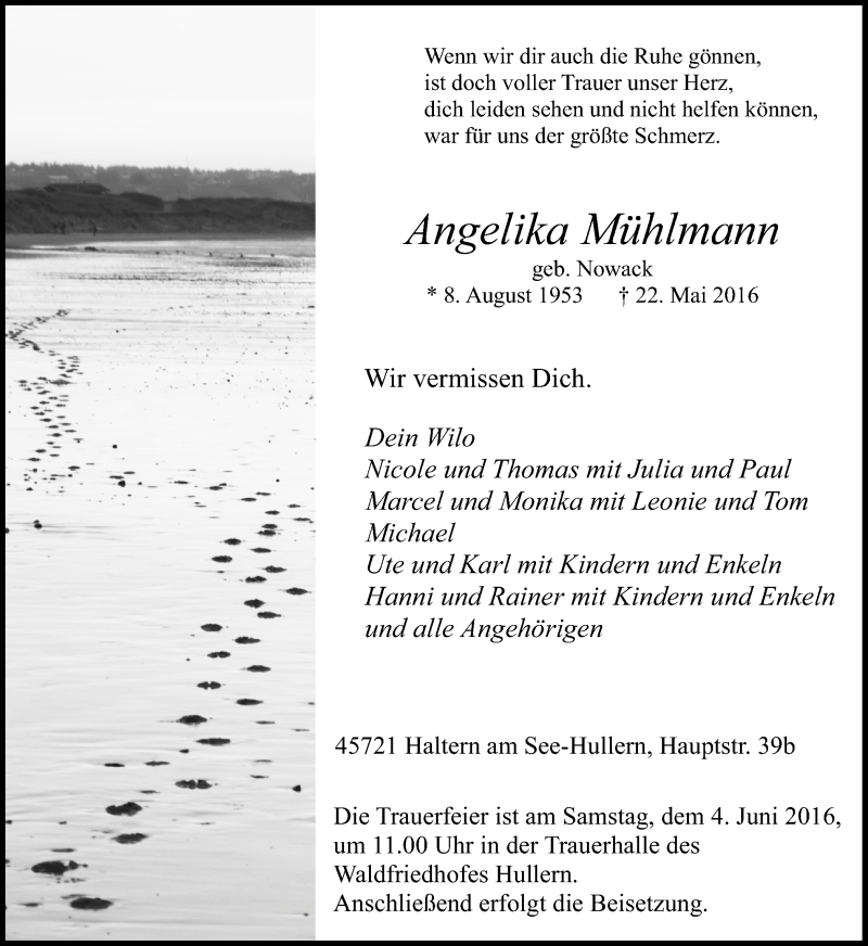  Traueranzeige für Angelika Mühlmann vom 28.05.2016 aus Ruhr Nachrichten und Halterner Zeitung