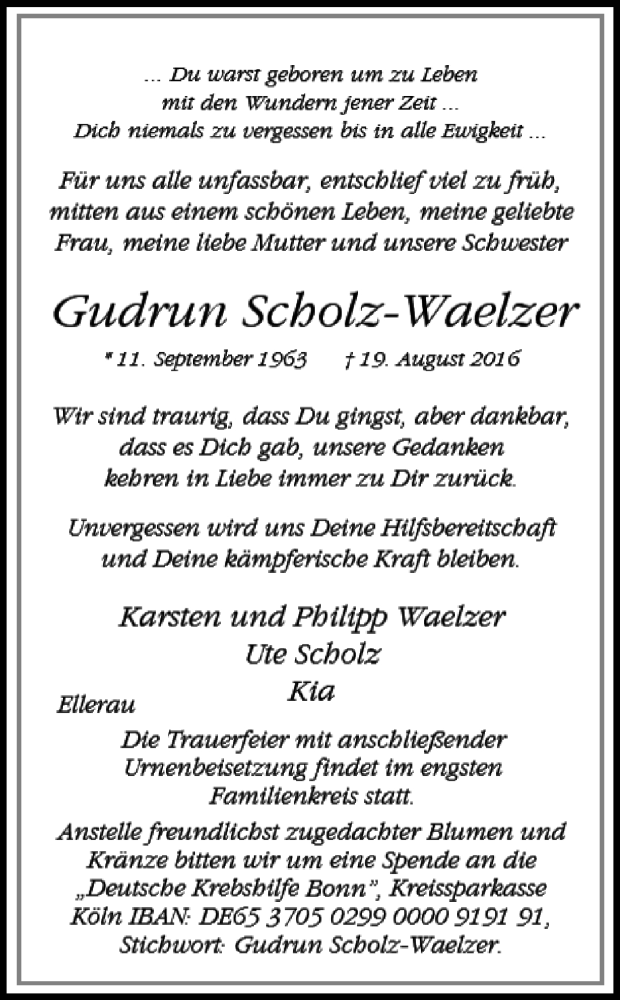  Traueranzeige für Gudrun Scholz-Waelzer vom 27.08.2016 aus Ruhr Nachrichten