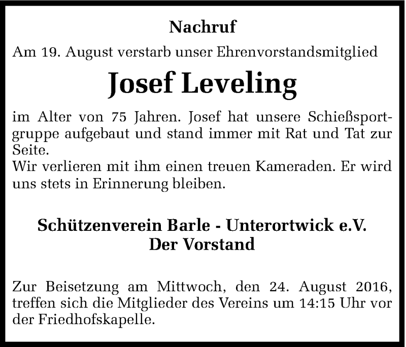  Traueranzeige für Josef Leveling vom 23.08.2016 aus Münstersche Zeitung und Münsterland Zeitung