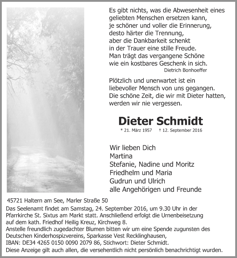  Traueranzeige für Dieter Schmidt vom 20.09.2016 aus Ruhr Nachrichten und Halterner Zeitung