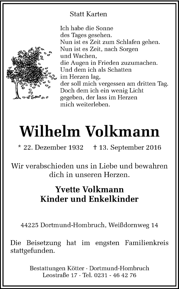  Traueranzeige für Wilhelm Volkmann vom 22.09.2016 aus Ruhr Nachrichten