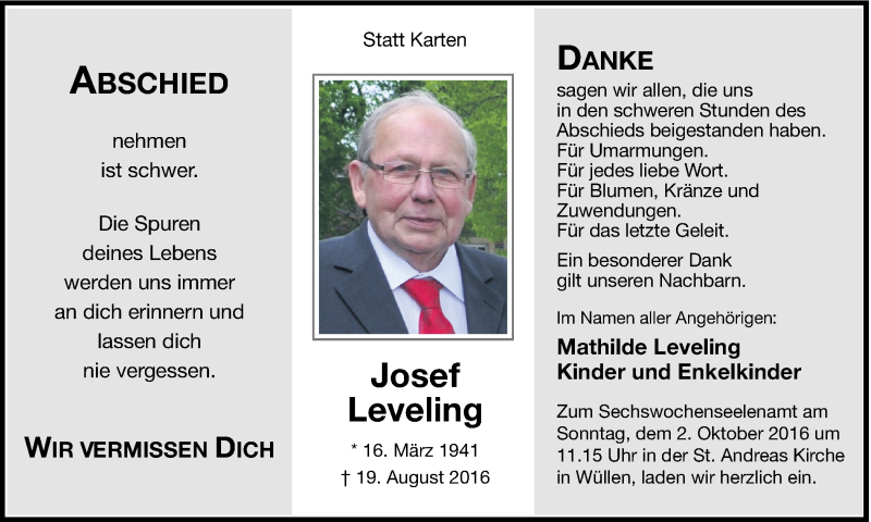  Traueranzeige für Josef Leveling vom 28.09.2016 aus Münstersche Zeitung und Münsterland Zeitung