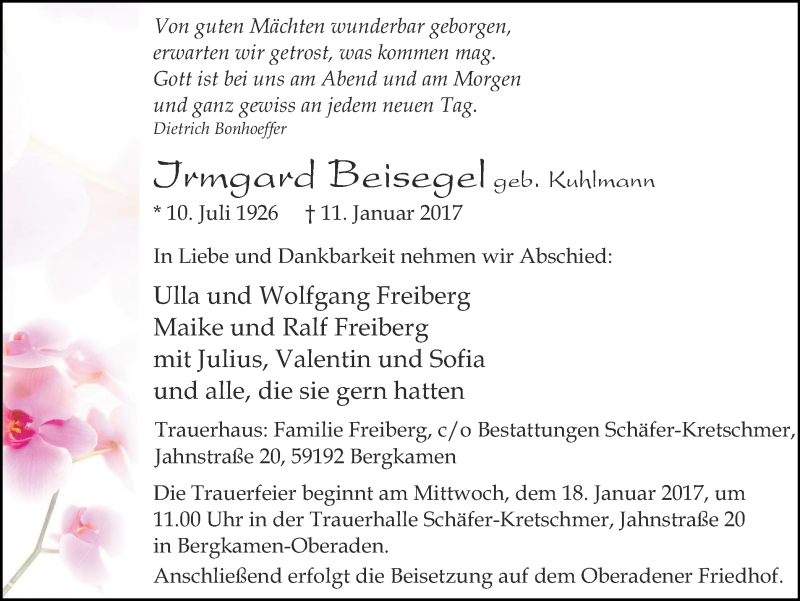  Traueranzeige für Irmgard Beisegel vom 14.01.2017 aus Ruhr Nachrichten