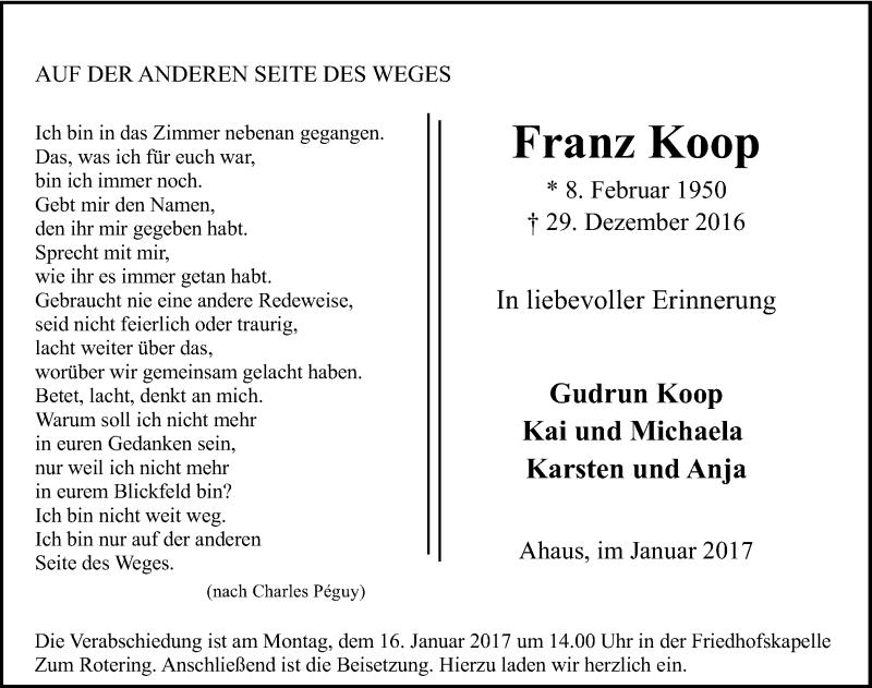  Traueranzeige für Franz Koop vom 12.01.2017 aus Münstersche Zeitung und Münsterland Zeitung