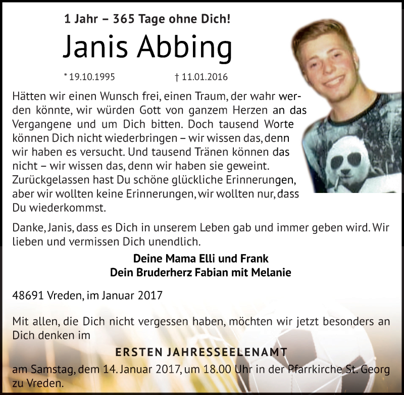  Traueranzeige für Janis Abbing vom 11.01.2017 aus Münstersche Zeitung und Münsterland Zeitung