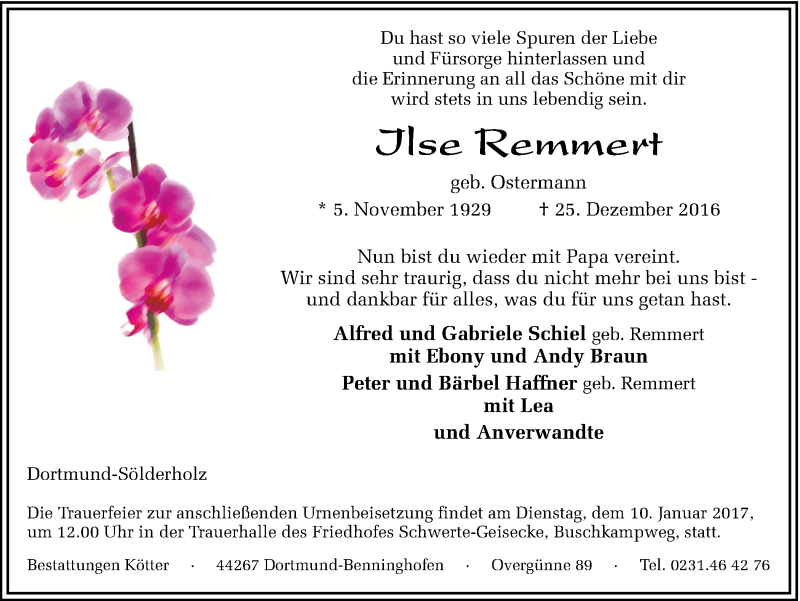  Traueranzeige für Ilse Remmert vom 04.01.2017 aus Ruhr Nachrichten