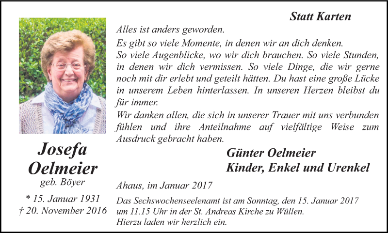  Traueranzeige für Josefa Oelmeier vom 12.01.2017 aus Münstersche Zeitung und Münsterland Zeitung