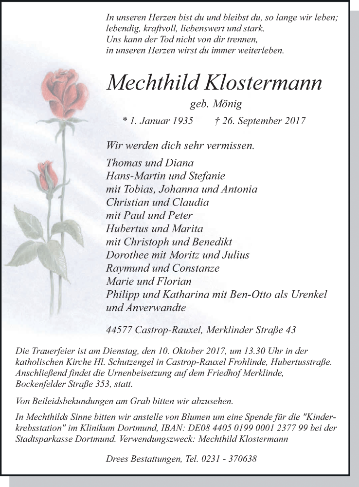  Traueranzeige für Mechthild Klostermann vom 03.10.2017 aus Ruhr Nachrichten