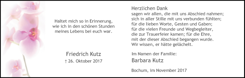  Traueranzeige für Friedrich Kutz vom 25.11.2017 aus Ruhr Nachrichten