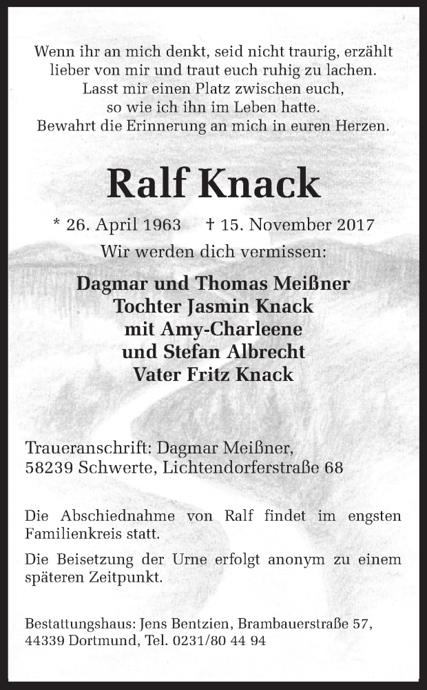  Traueranzeige für Ralf Knack vom 18.11.2017 aus Ruhr Nachrichten