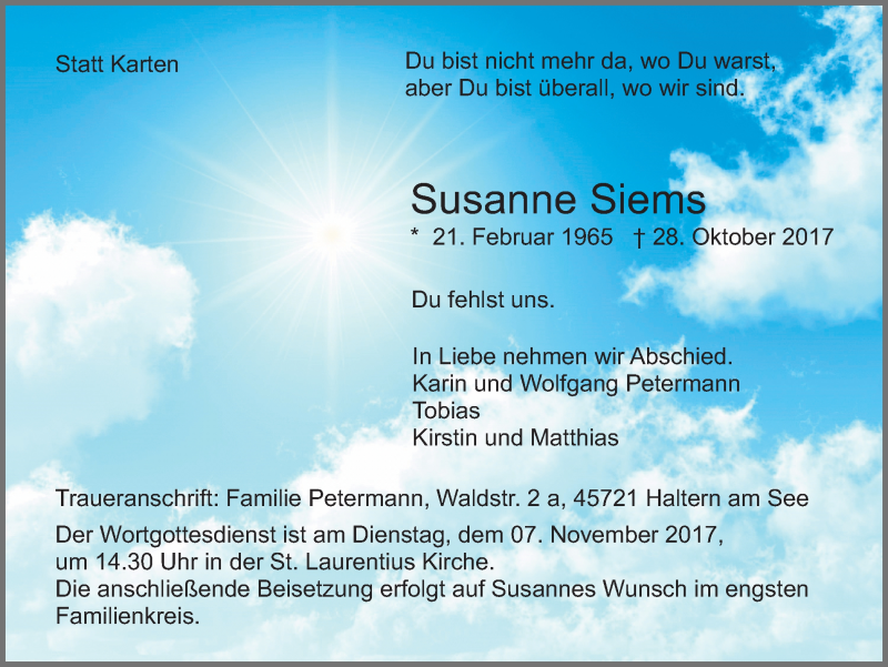  Traueranzeige für Susanne Siems vom 03.11.2017 aus Ruhr Nachrichten und Halterner Zeitung