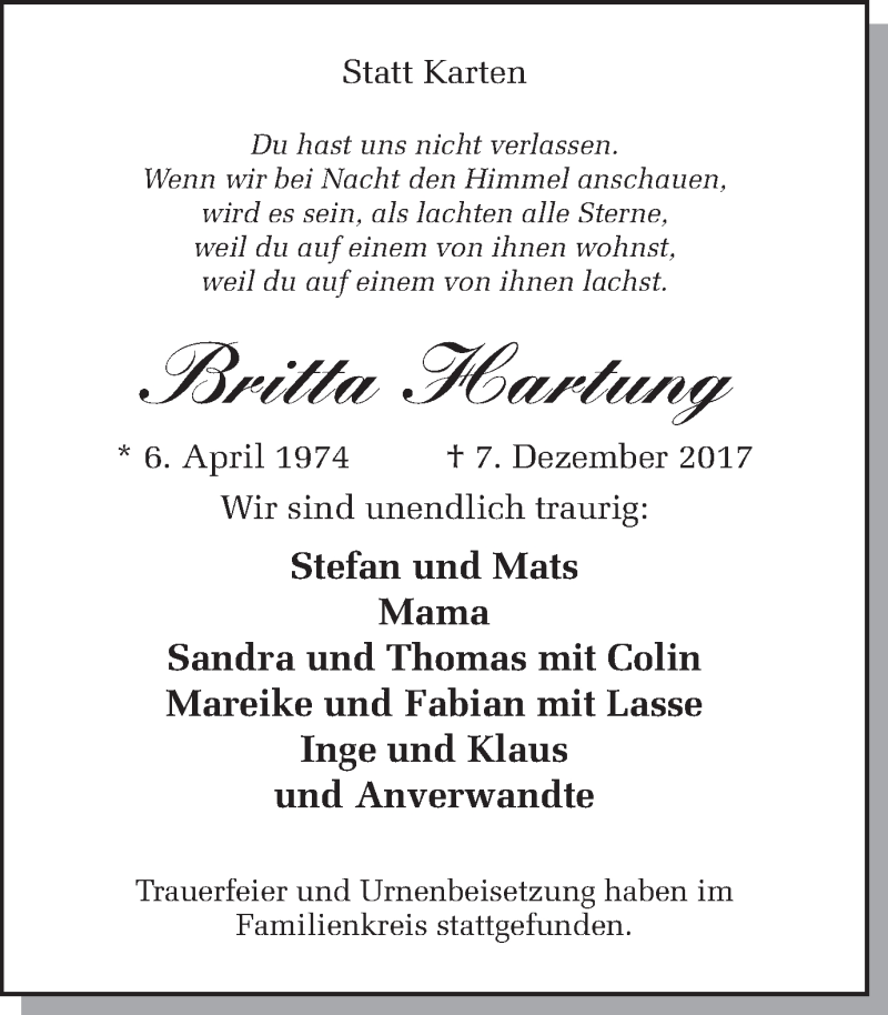  Traueranzeige für Britta Hartung vom 16.12.2017 aus Ruhr Nachrichten
