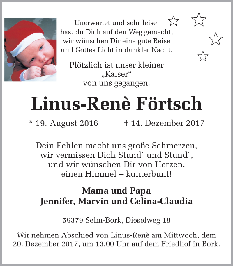 Traueranzeige für Linus-Renè Förtsch vom 18.12.2017 aus Ruhr Nachrichten