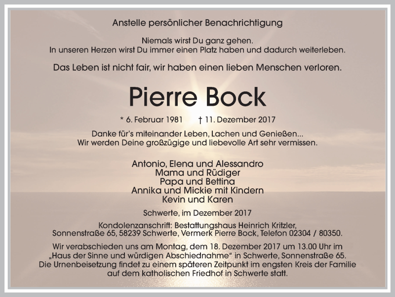  Traueranzeige für Pierre Bock vom 14.12.2017 aus Ruhr Nachrichten