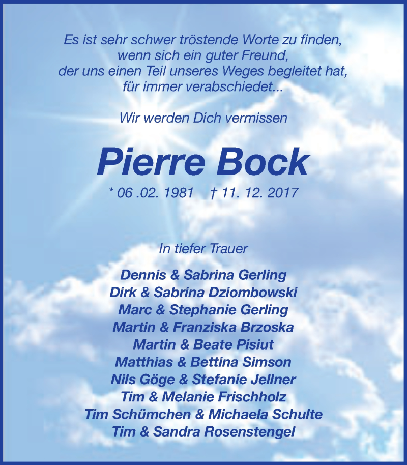  Traueranzeige für Pierre Bock vom 15.12.2017 aus Ruhr Nachrichten