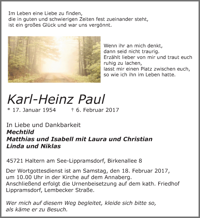  Traueranzeige für Karl-Heinz Paul vom 11.02.2017 aus Ruhr Nachrichten und Halterner Zeitung