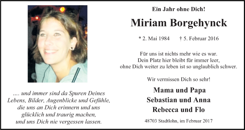  Traueranzeige für Miriam Borgehynck vom 04.02.2017 aus Münstersche Zeitung und Münsterland Zeitung