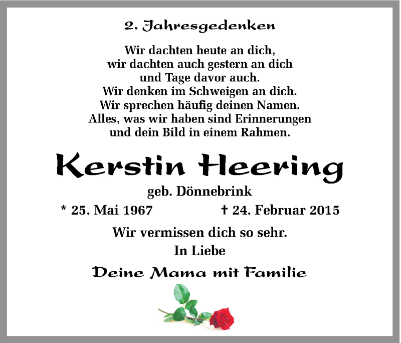  Traueranzeige für Kerstin Heering vom 24.02.2017 aus Ruhr Nachrichten und Dorstener Zeitung