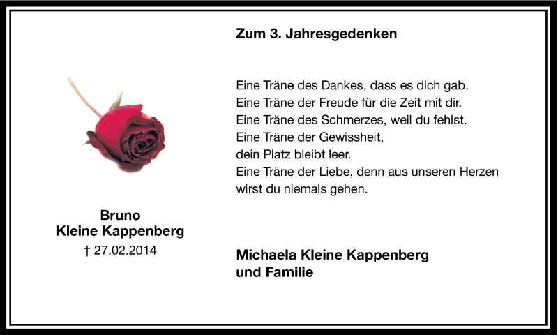  Traueranzeige für Bruno Kleine Kappenberg vom 27.02.2017 aus Ruhr Nachrichten und Halterner Zeitung